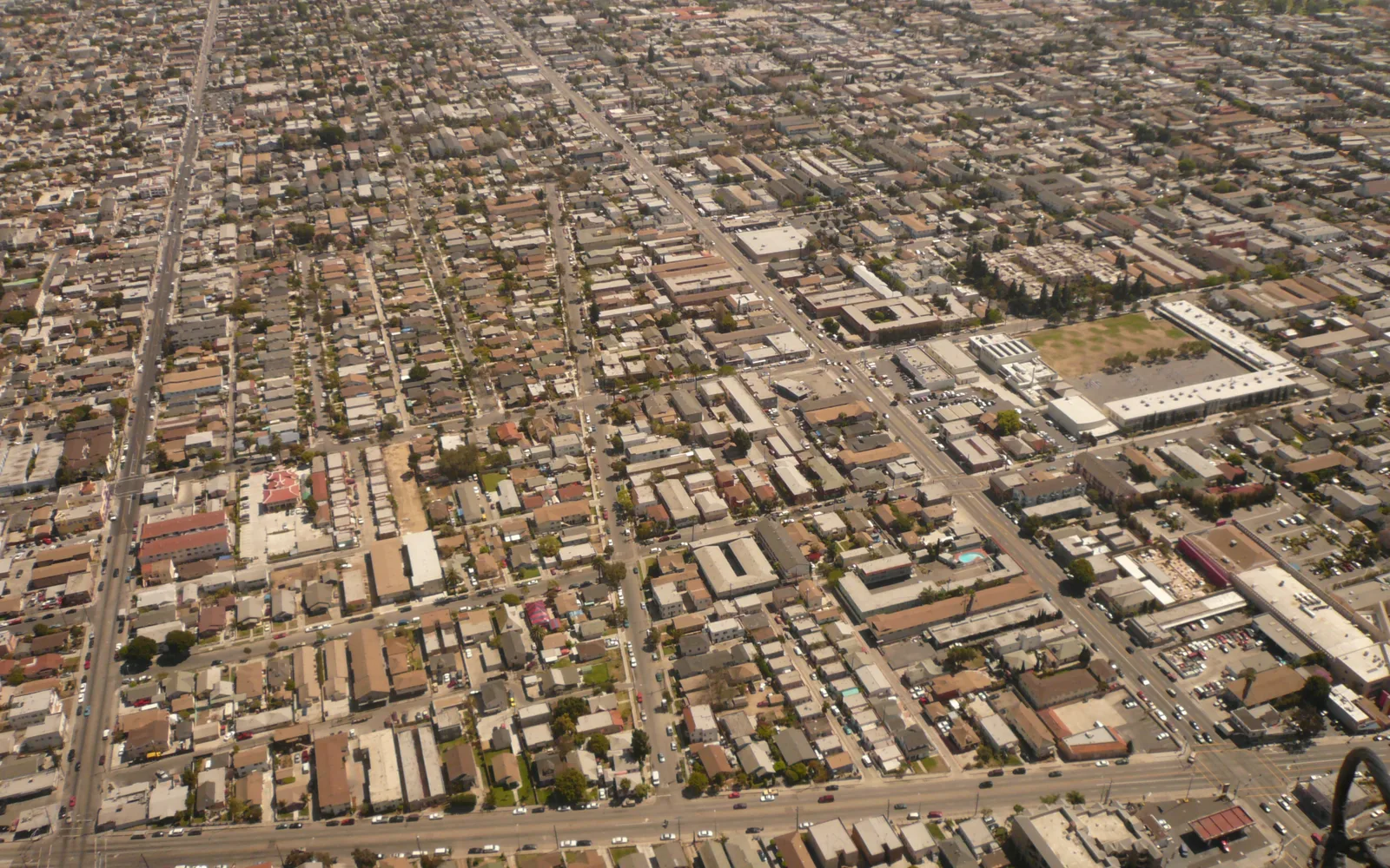 Aerial view of the Hellman neighborhood in Long Beach showing residential streets and tree-lined blocks